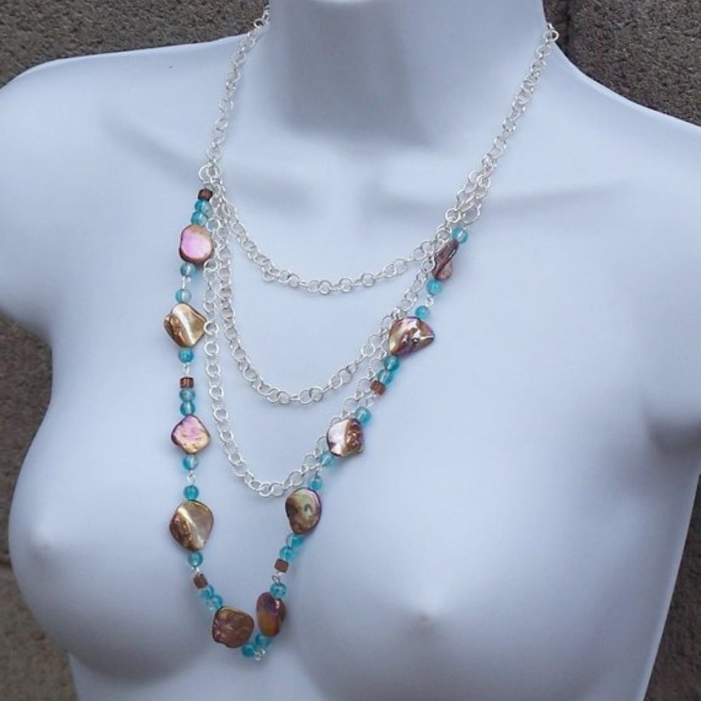 Handmade Shell Statement Necklace with Blue Glass Beads and Multi Strand Chains